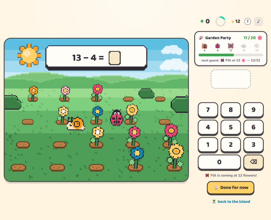Critter Garden: a pixel-art meadow of flowers with a snail and a ladybug, the problem 13 − 4 = ?, and a 'Garden Party 11 / 20' tracker showing guest pips and 'next guest: Flit at 12'.