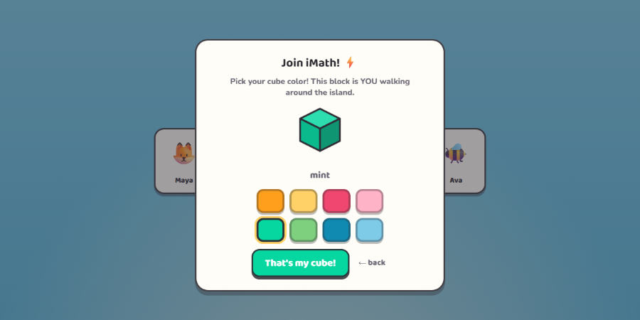 A modal reading 'Pick your cube color! This block is YOU walking around the island' with a spinning mint cube and eight color swatches.