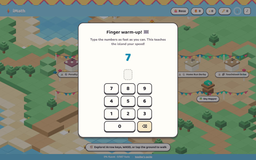 A 'Finger warm-up!' modal over the island showing a large number 7 above an on-screen number keypad.