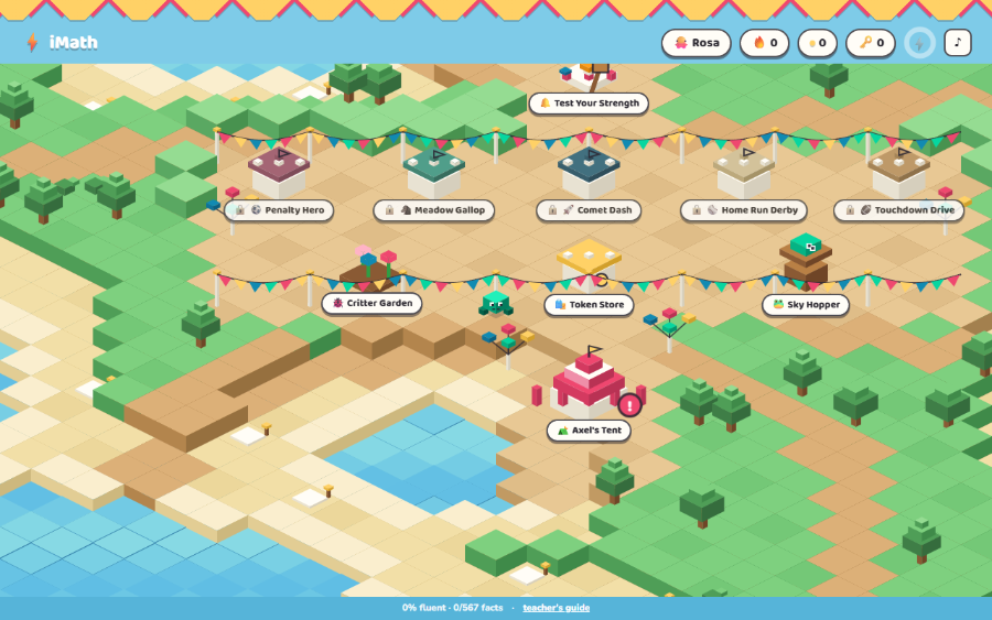 An isometric carnival island with bunting, trees and booths labelled Penalty Hero, Meadow Gallop, Comet Dash, Home Run Derby, Touchdown Drive, Critter Garden, Token Store, Sky Hopper and Axel's School, most showing padlocks.