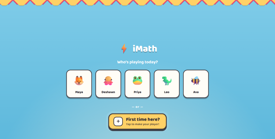 The iMath sign-in screen: a grid of classmate name cards above a large yellow 'First time here?' button.