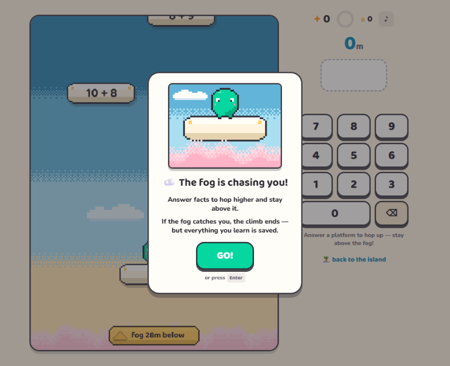 Sky Hopper's start card: '☁️ The fog is chasing you! Answer facts to hop higher and stay above it. If the fog catches you, the climb ends — but everything you learn is saved.' with a GO! button.
