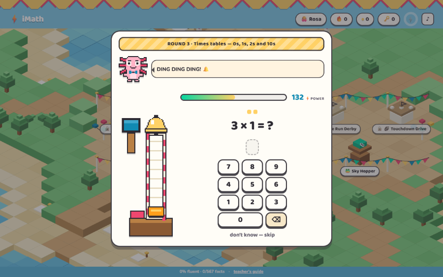 The Test Your Strengths high striker mid-assessment: a banner reads 'ROUND 3 · Times tables — 0s, 1s, 2s and 10s', with the problem 100 ÷ 10 = ? above a keypad and a 'don't know — skip' link.